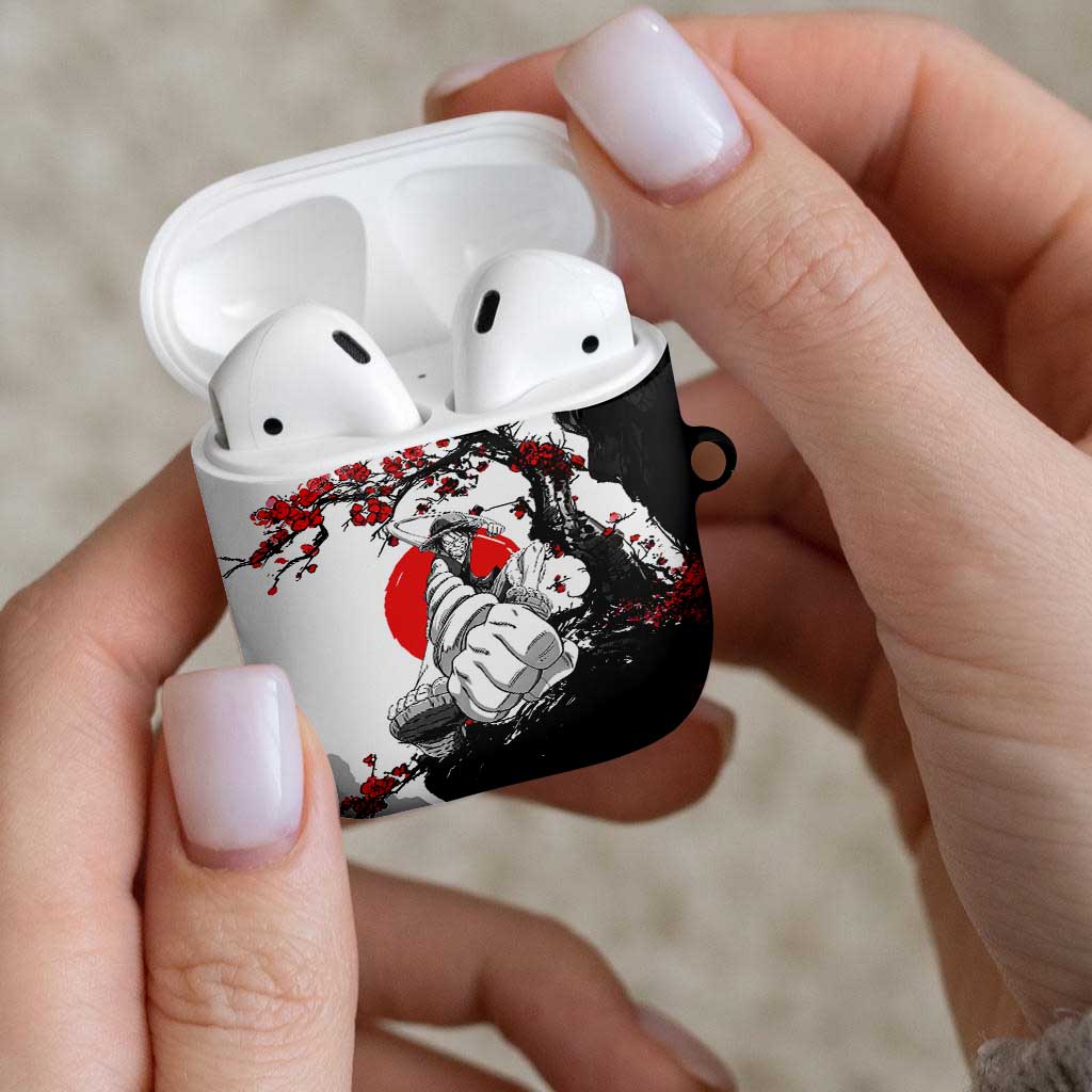 Luffy Gear 3 One Piece Anime White and Red Japanese Art Style AirPods Case with Cherry Blossom Tree and Straw Hat Pirates Jolly Roger - The Mazicc