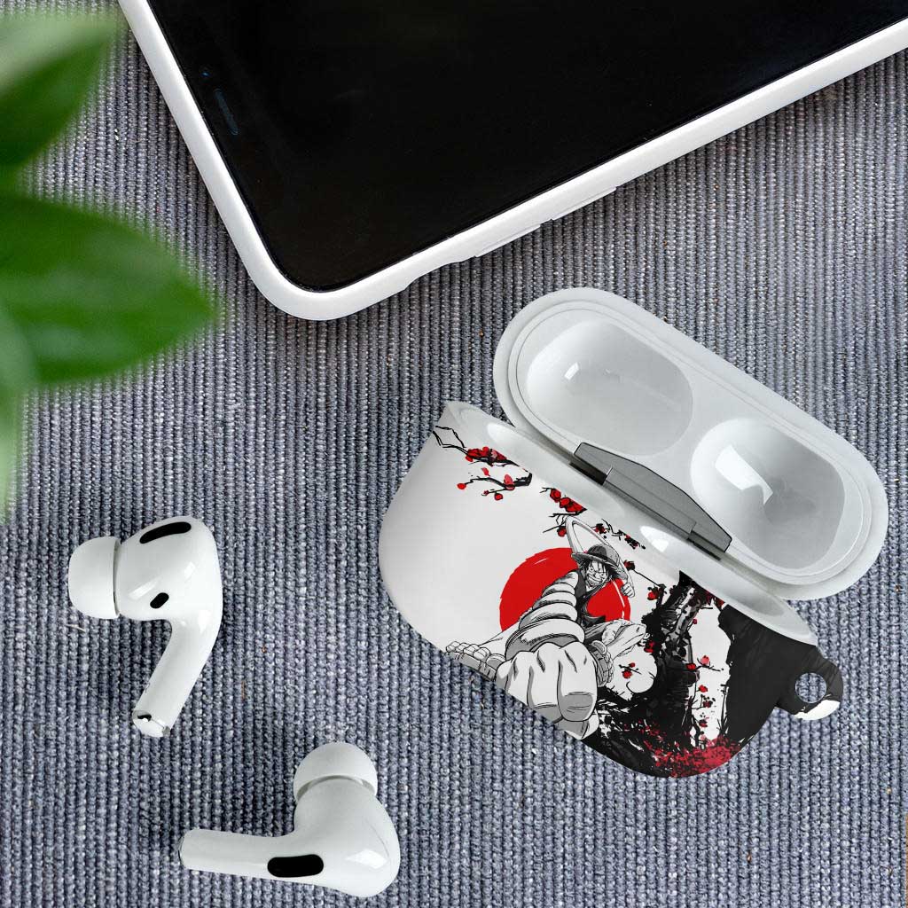 Luffy Gear 3 One Piece Anime White and Red Japanese Art Style AirPods Case with Cherry Blossom Tree and Straw Hat Pirates Jolly Roger - The Mazicc