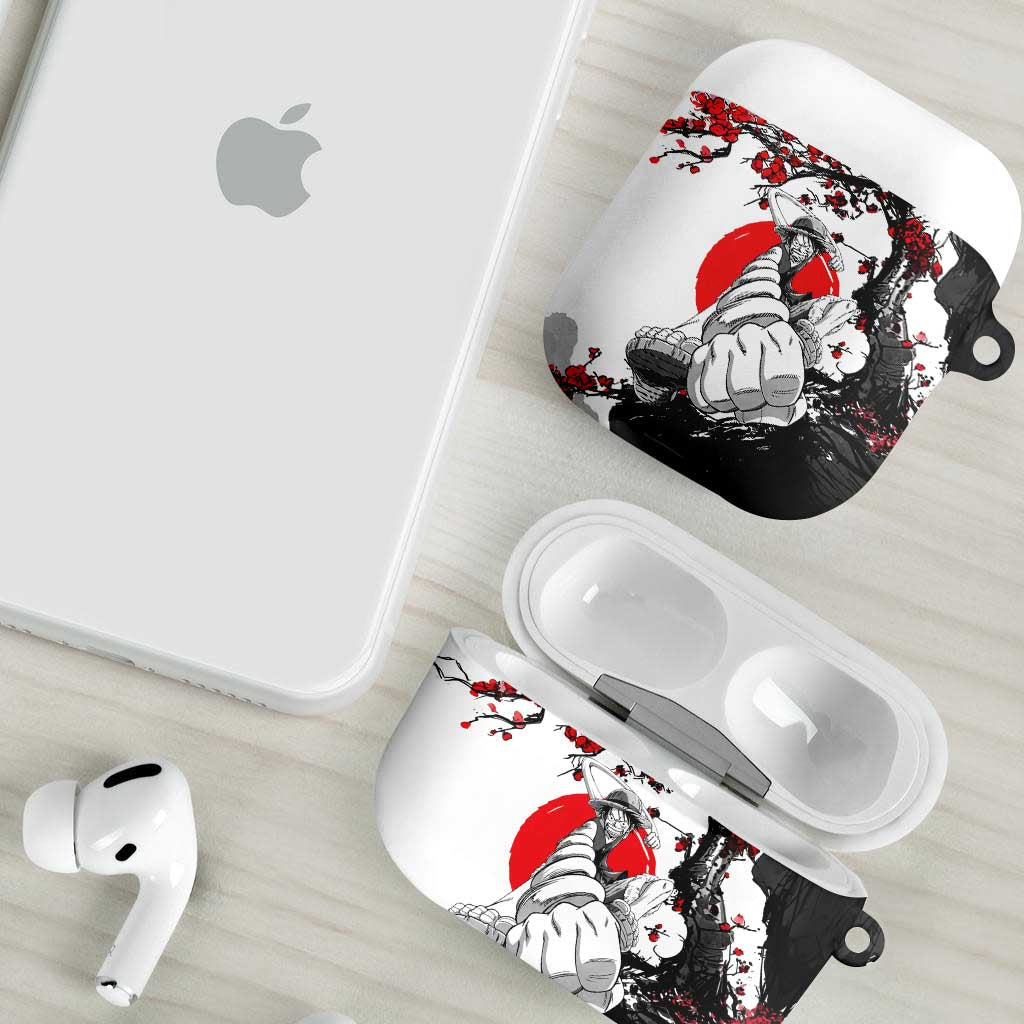 Luffy Gear 3 One Piece Anime White and Red Japanese Art Style AirPods Case with Cherry Blossom Tree and Straw Hat Pirates Jolly Roger - The Mazicc