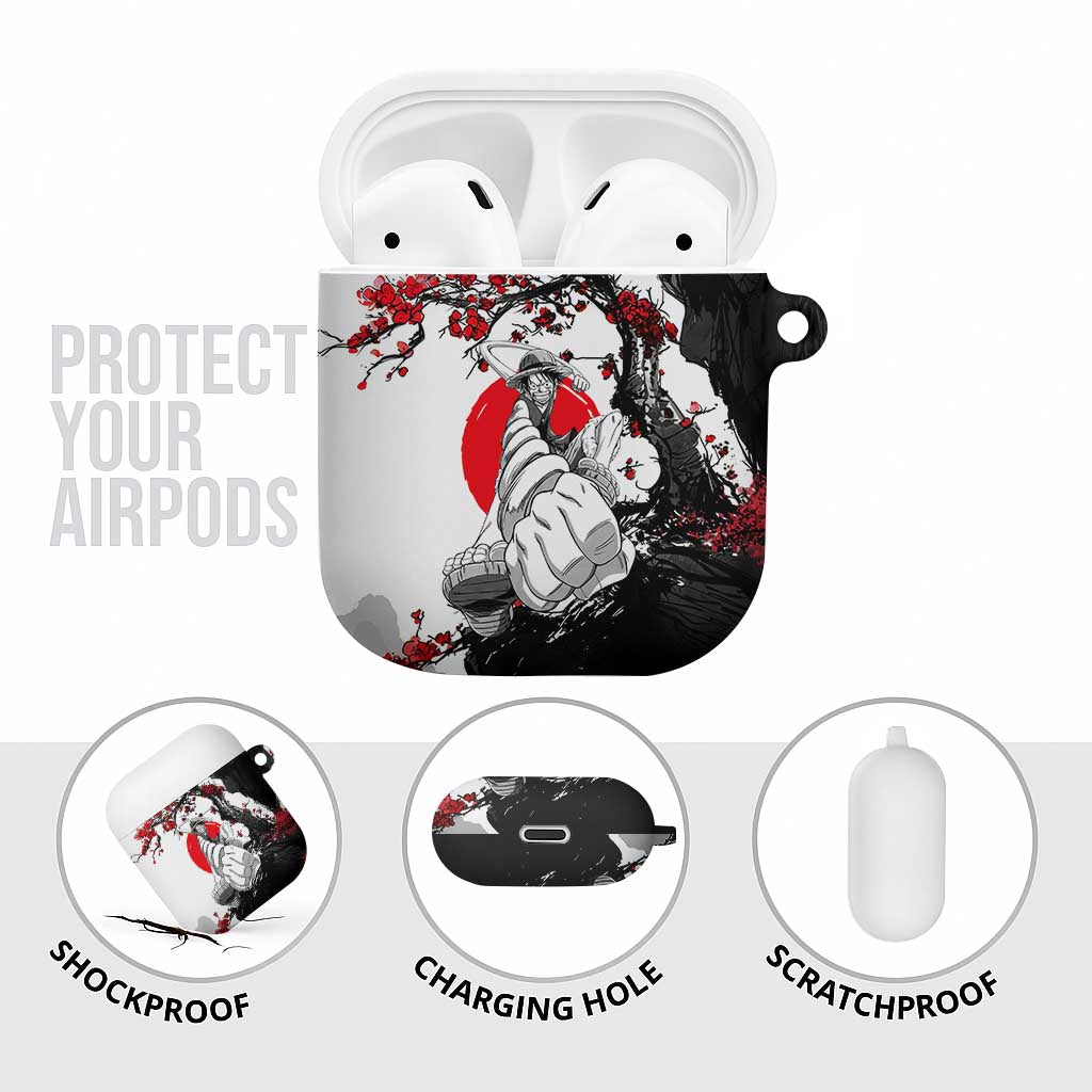 Luffy Gear 3 One Piece Anime White and Red Japanese Art Style AirPods Case with Cherry Blossom Tree and Straw Hat Pirates Jolly Roger - The Mazicc