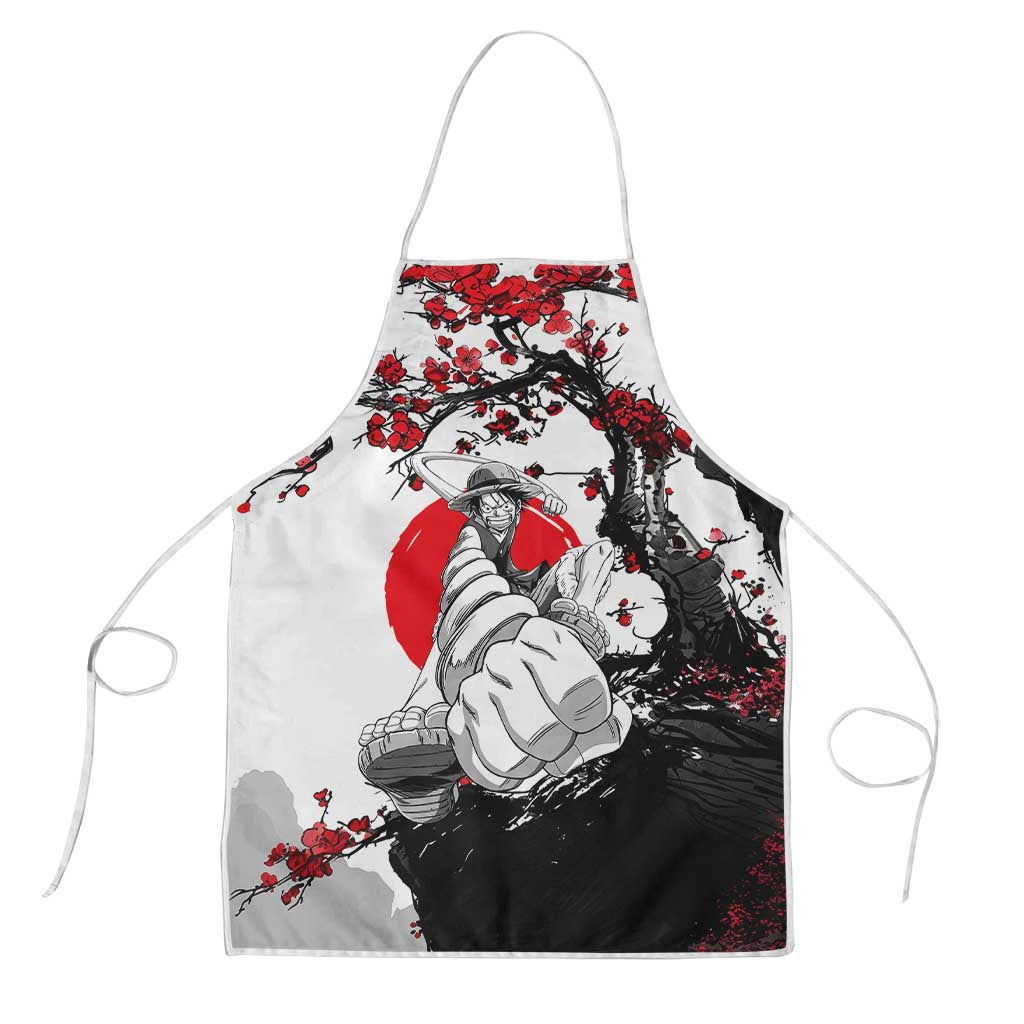 Luffy Gear 3 One Piece Anime White and Red Japanese Art Style Apron with Cherry Blossom Tree and Straw Hat Pirates Jolly Roger - The Mazicc