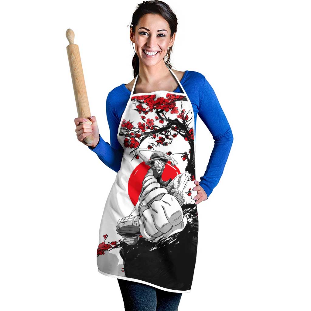 Luffy Gear 3 One Piece Anime White and Red Japanese Art Style Apron with Cherry Blossom Tree and Straw Hat Pirates Jolly Roger - The Mazicc
