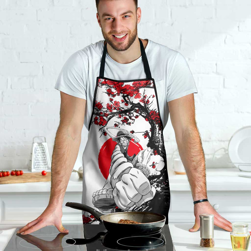 Luffy Gear 3 One Piece Anime White and Red Japanese Art Style Apron with Cherry Blossom Tree and Straw Hat Pirates Jolly Roger - The Mazicc