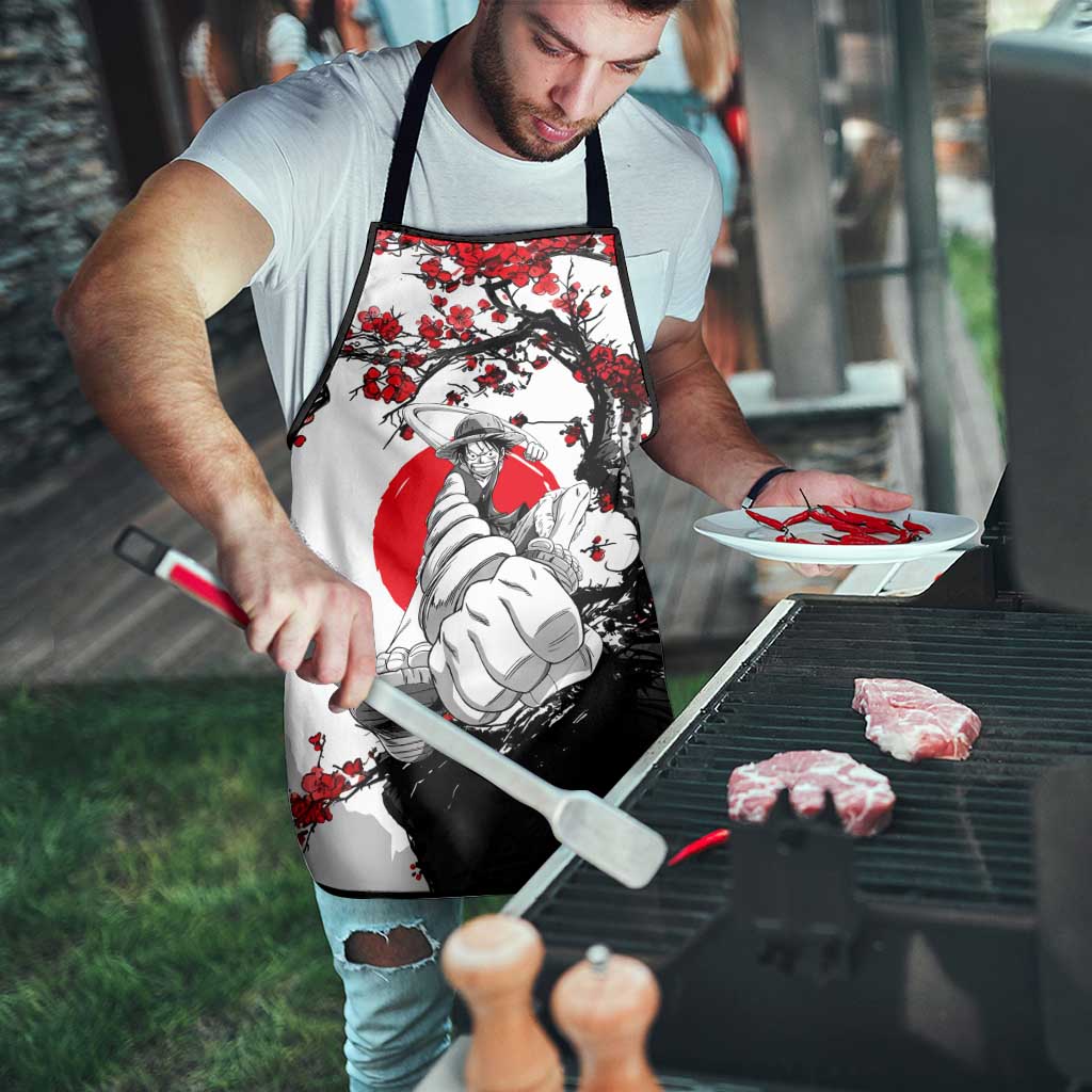 Luffy Gear 3 One Piece Anime White and Red Japanese Art Style Apron with Cherry Blossom Tree and Straw Hat Pirates Jolly Roger - The Mazicc
