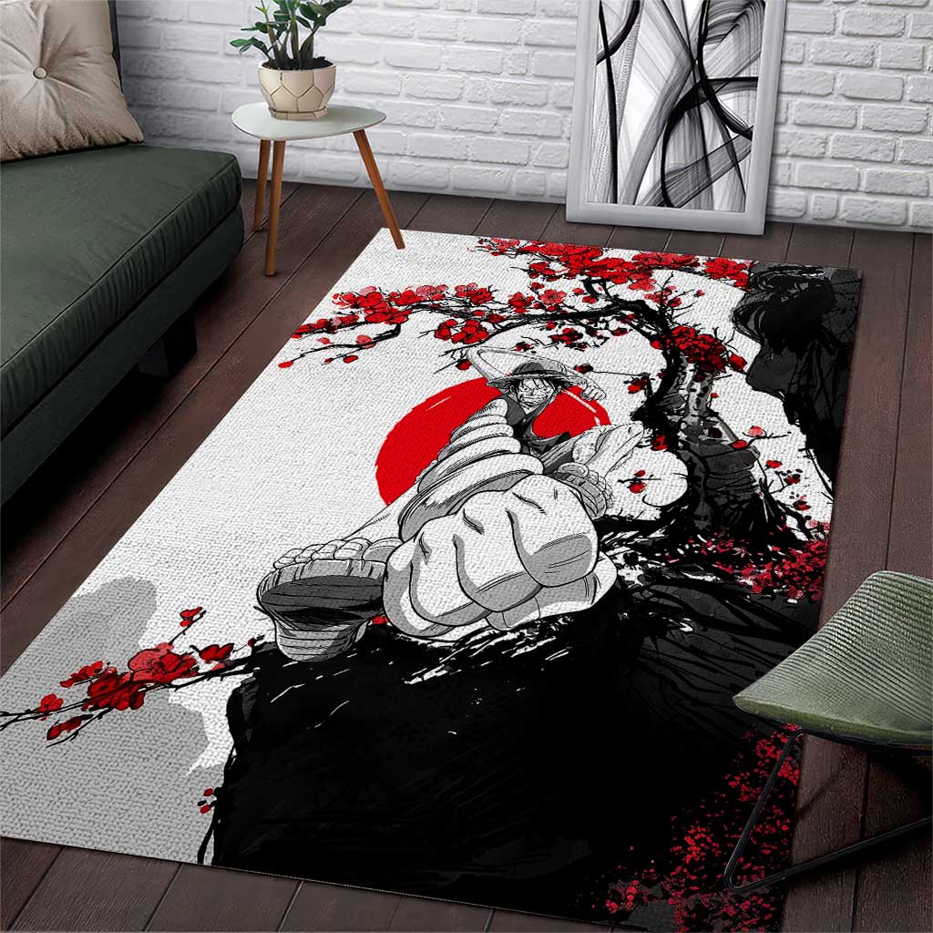 Luffy Gear 3 One Piece Anime White and Red Japanese Art Style Area Rug with Cherry Blossom Tree and Straw Hat Pirates Jolly Roger - The Mazicc