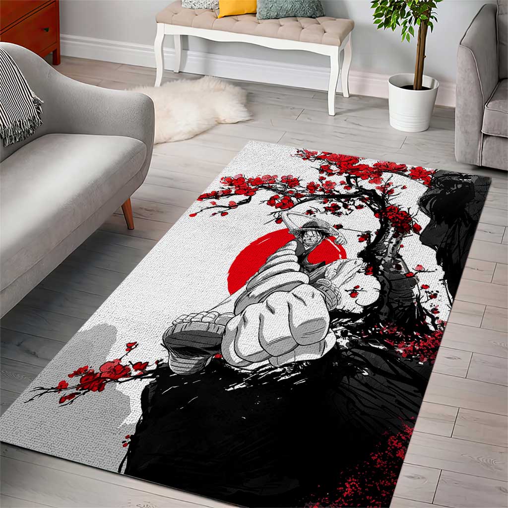 Luffy Gear 3 One Piece Anime White and Red Japanese Art Style Area Rug with Cherry Blossom Tree and Straw Hat Pirates Jolly Roger - The Mazicc