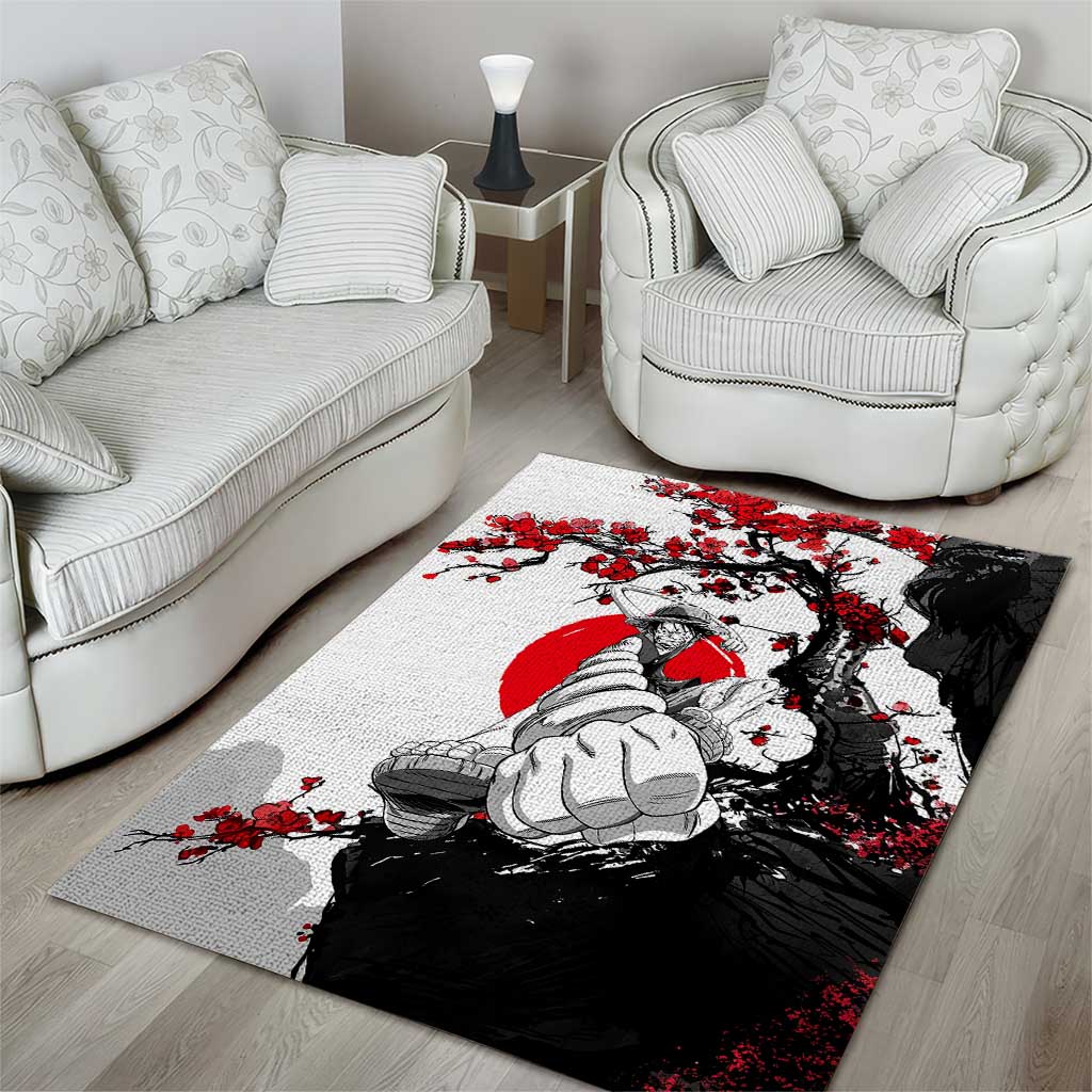 Luffy Gear 3 One Piece Anime White and Red Japanese Art Style Area Rug with Cherry Blossom Tree and Straw Hat Pirates Jolly Roger - The Mazicc