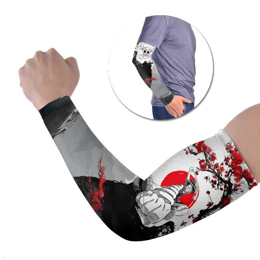 Luffy Gear 3 One Piece Anime White and Red Japanese Art Style Arm Sleeves with Cherry Blossom Tree and Straw Hat Pirates Jolly Roger - The Mazicc