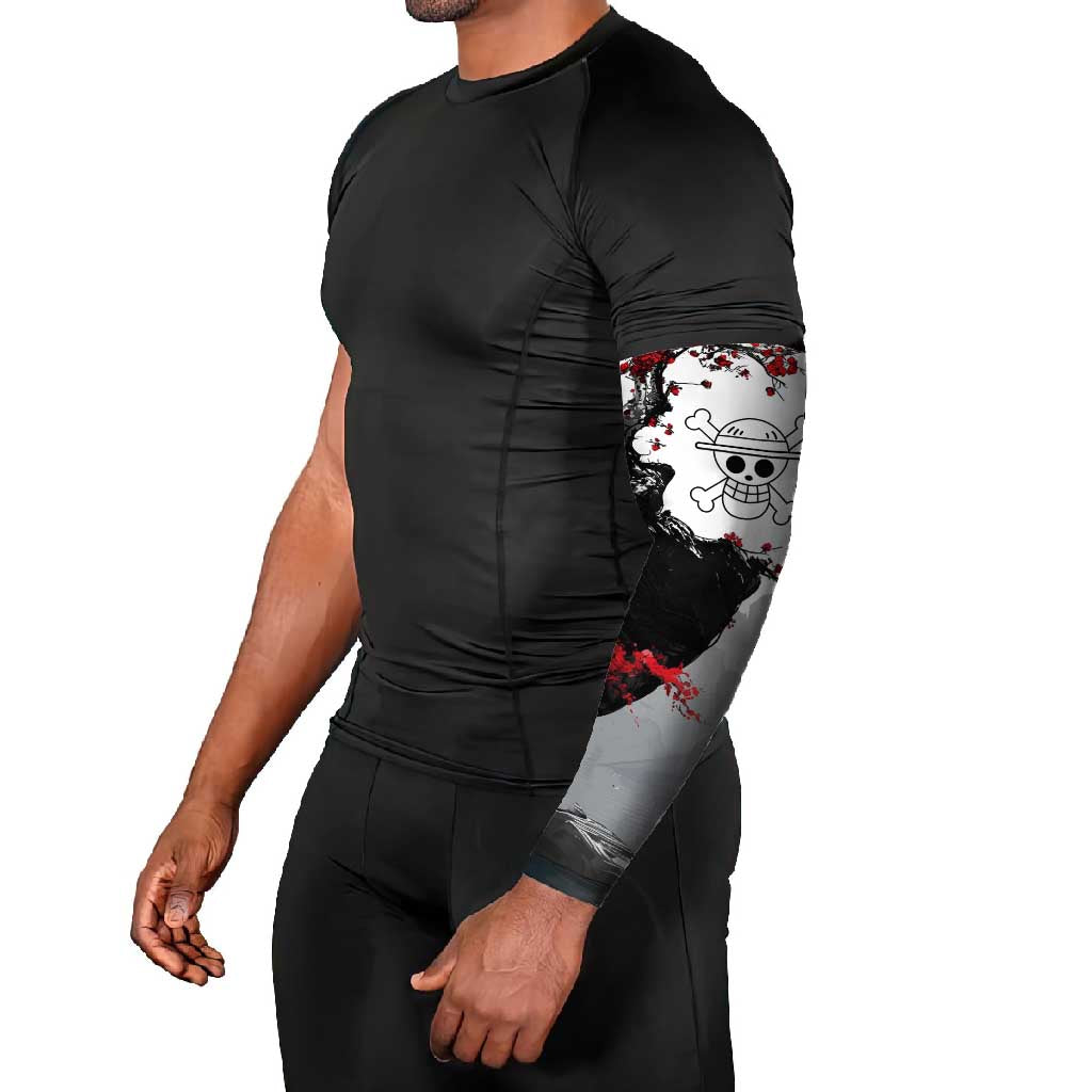 Luffy Gear 3 One Piece Anime White and Red Japanese Art Style Arm Sleeves with Cherry Blossom Tree and Straw Hat Pirates Jolly Roger - The Mazicc