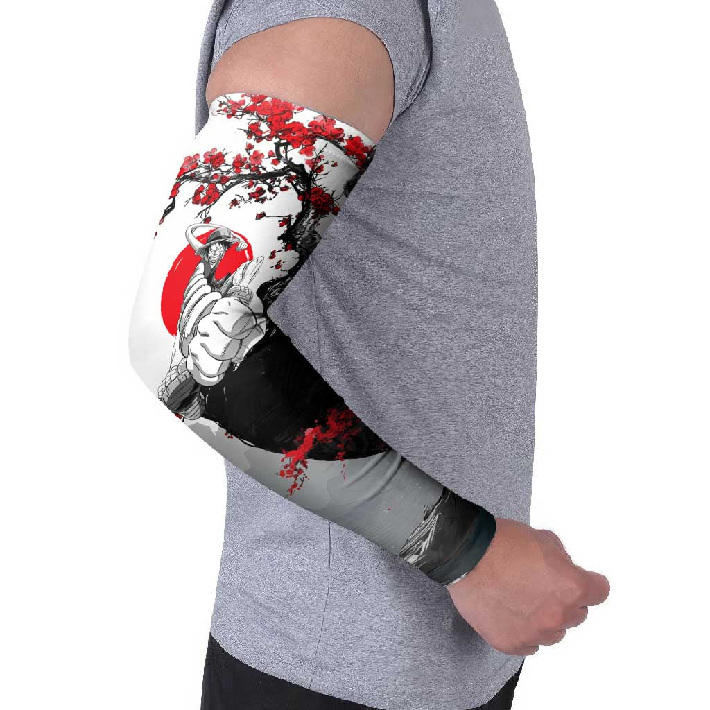 Luffy Gear 3 One Piece Anime White and Red Japanese Art Style Arm Sleeves with Cherry Blossom Tree and Straw Hat Pirates Jolly Roger - The Mazicc