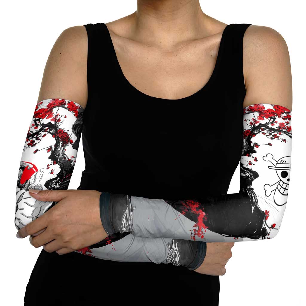 Luffy Gear 3 One Piece Anime White and Red Japanese Art Style Arm Sleeves with Cherry Blossom Tree and Straw Hat Pirates Jolly Roger - The Mazicc