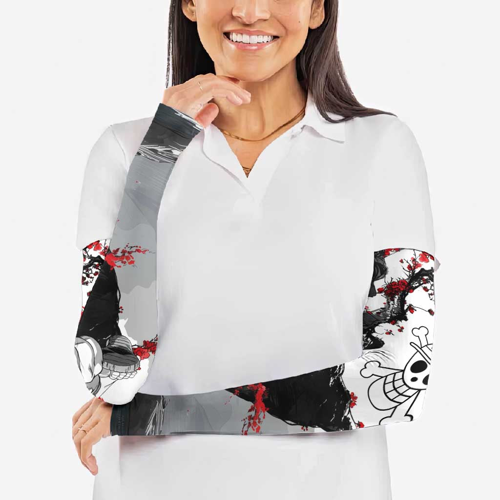 Luffy Gear 3 One Piece Anime White and Red Japanese Art Style Arm Sleeves with Cherry Blossom Tree and Straw Hat Pirates Jolly Roger - The Mazicc