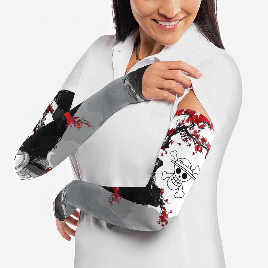 Luffy Gear 3 One Piece Anime White and Red Japanese Art Style Arm Sleeves with Cherry Blossom Tree and Straw Hat Pirates Jolly Roger - The Mazicc
