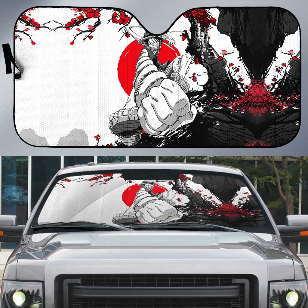 Luffy Gear 3 One Piece Anime White and Red Japanese Art Style Auto Sun Shade with Cherry Blossom Tree and Straw Hat Pirates Jolly Roger - The Mazicc