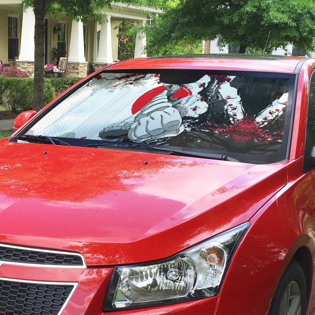 Luffy Gear 3 One Piece Anime White and Red Japanese Art Style Auto Sun Shade with Cherry Blossom Tree and Straw Hat Pirates Jolly Roger - The Mazicc