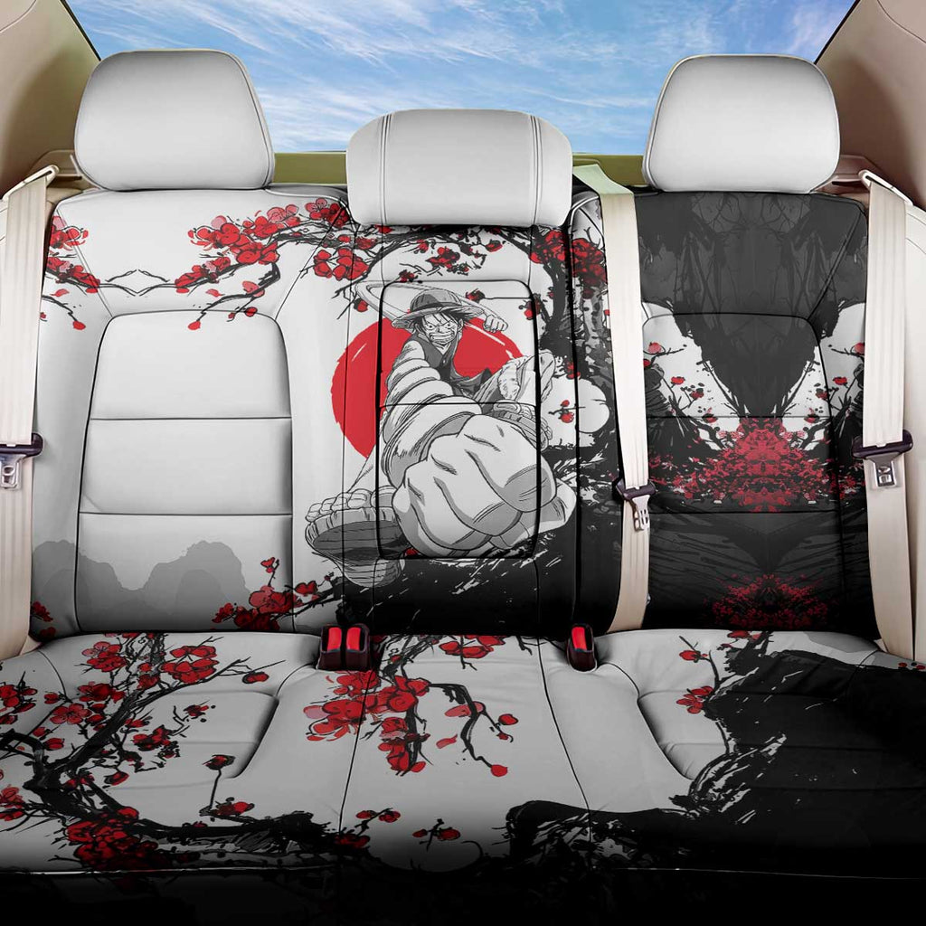 Luffy Gear 3 One Piece Anime White and Red Japanese Art Style Back Car Seat Cover with Cherry Blossom Tree and Straw Hat Pirates Jolly Roger - The Mazicc