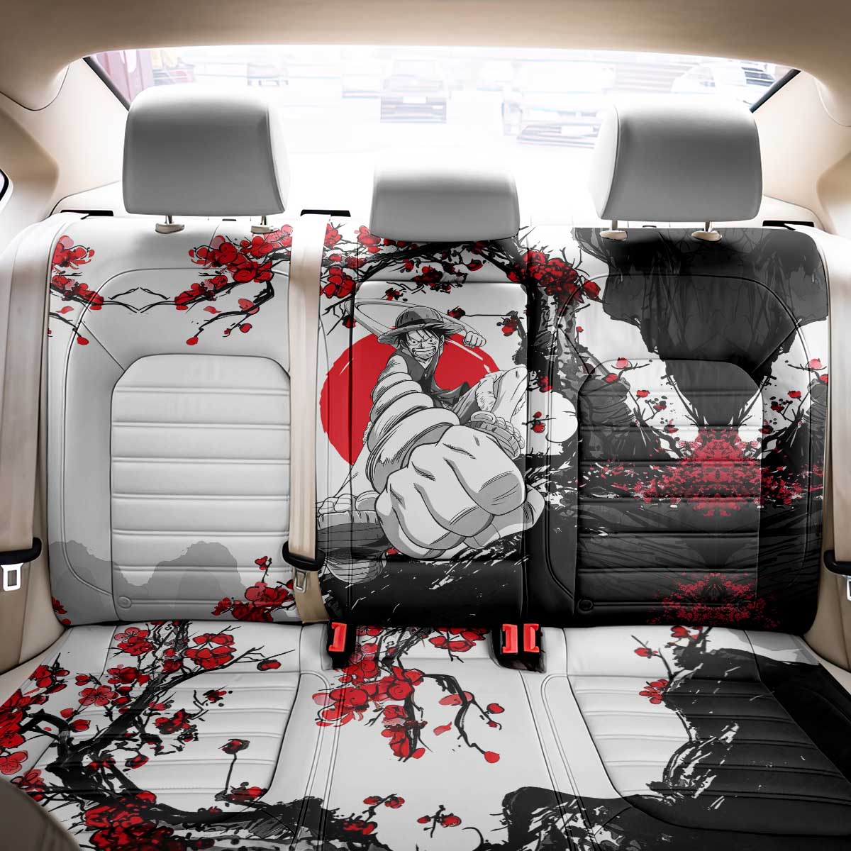 Luffy Gear 3 One Piece Anime White and Red Japanese Art Style Back Car Seat Cover with Cherry Blossom Tree and Straw Hat Pirates Jolly Roger - The Mazicc