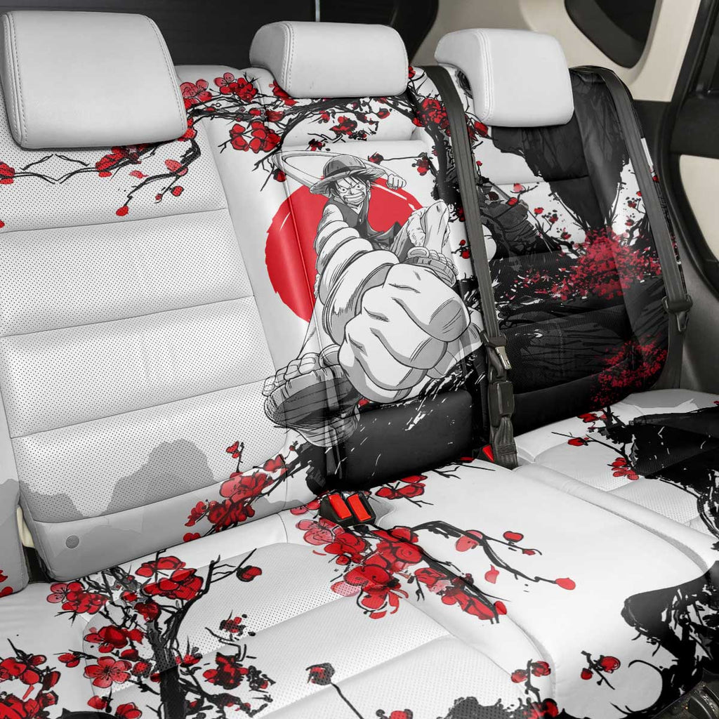 Luffy Gear 3 One Piece Anime White and Red Japanese Art Style Back Car Seat Cover with Cherry Blossom Tree and Straw Hat Pirates Jolly Roger - The Mazicc