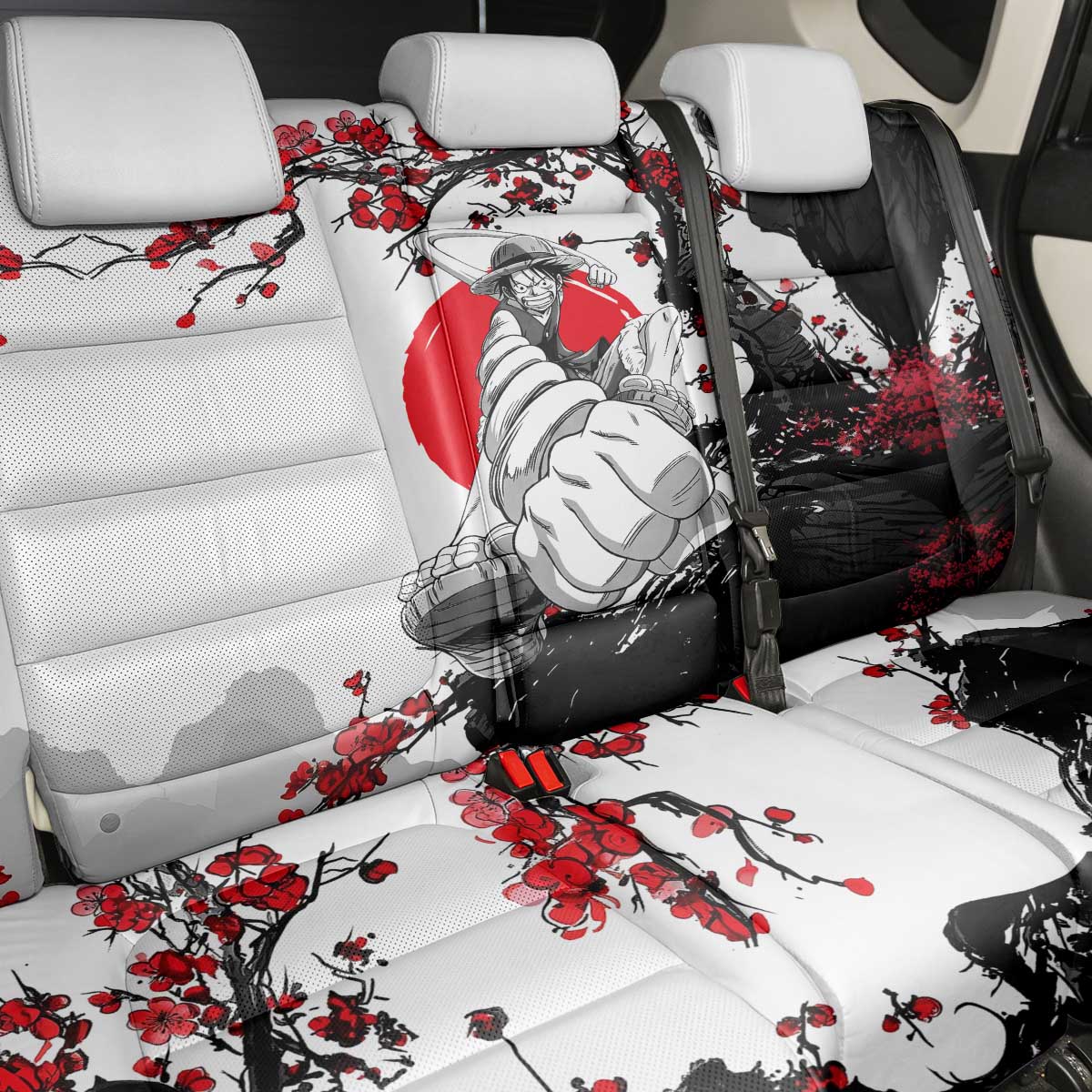 Luffy Gear 3 One Piece Anime White and Red Japanese Art Style Back Car Seat Cover with Cherry Blossom Tree and Straw Hat Pirates Jolly Roger - The Mazicc