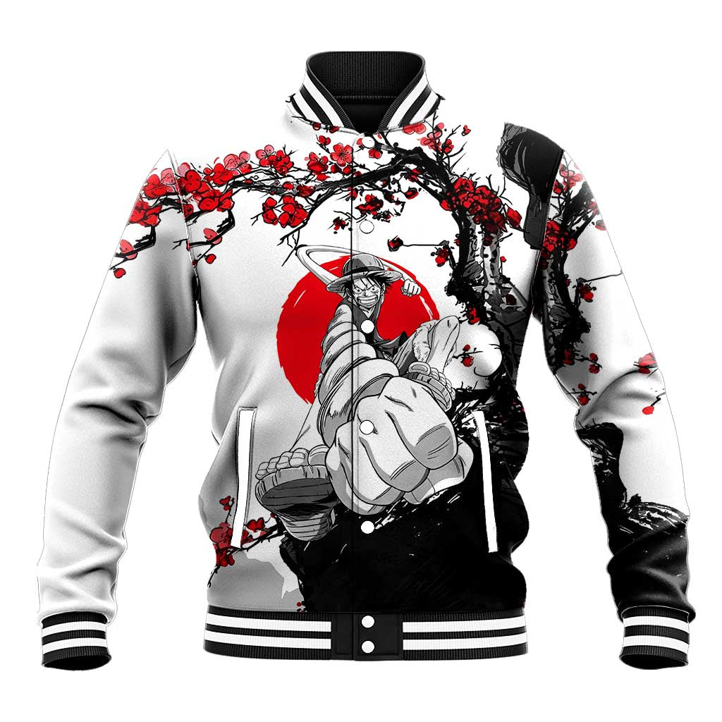 Luffy Gear 3 One Piece Anime White and Red Japanese Art Style Baseball Jacket with Cherry Blossom Tree and Straw Hat Pirates Jolly Roger - The Mazicc