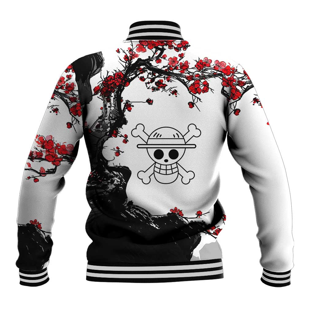 Luffy Gear 3 One Piece Anime White and Red Japanese Art Style Baseball Jacket with Cherry Blossom Tree and Straw Hat Pirates Jolly Roger - The Mazicc