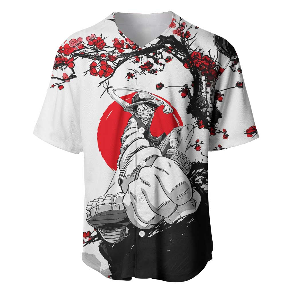 Luffy Gear 3 One Piece Anime White and Red Japanese Art Style Baseball Jersey with Cherry Blossom Tree and Straw Hat Pirates Jolly Roger - The Mazicc