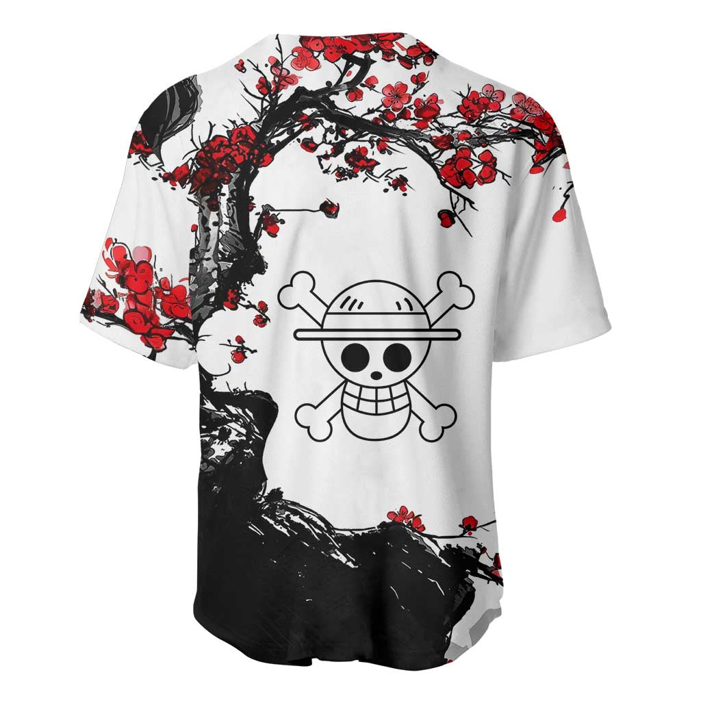 Luffy Gear 3 One Piece Anime White and Red Japanese Art Style Baseball Jersey with Cherry Blossom Tree and Straw Hat Pirates Jolly Roger - The Mazicc