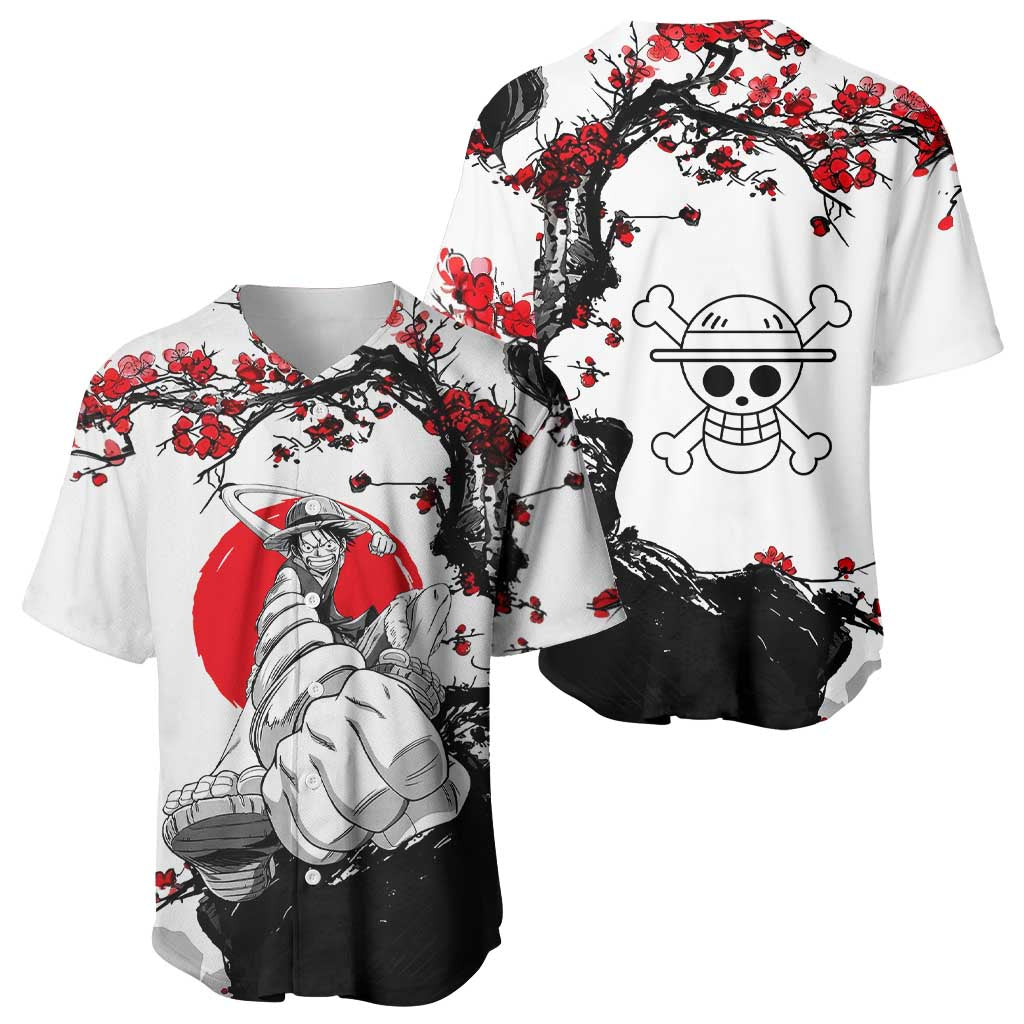 Luffy Gear 3 One Piece Anime White and Red Japanese Art Style Baseball Jersey with Cherry Blossom Tree and Straw Hat Pirates Jolly Roger - The Mazicc