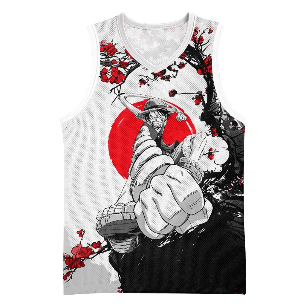 Luffy Gear 3 One Piece Anime White and Red Japanese Art Style Basketball Jersey with Cherry Blossom Tree and Straw Hat Pirates Jolly Roger - The Mazicc
