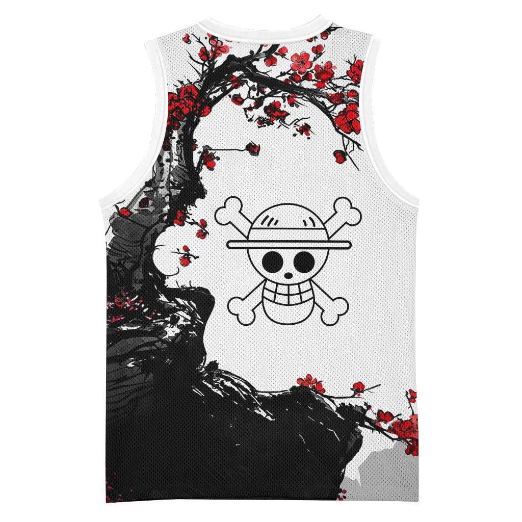 Luffy Gear 3 One Piece Anime White and Red Japanese Art Style Basketball Jersey with Cherry Blossom Tree and Straw Hat Pirates Jolly Roger - The Mazicc