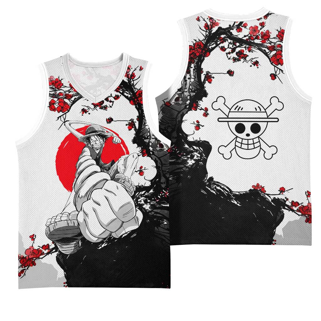 Luffy Gear 3 One Piece Anime White and Red Japanese Art Style Basketball Jersey with Cherry Blossom Tree and Straw Hat Pirates Jolly Roger - The Mazicc
