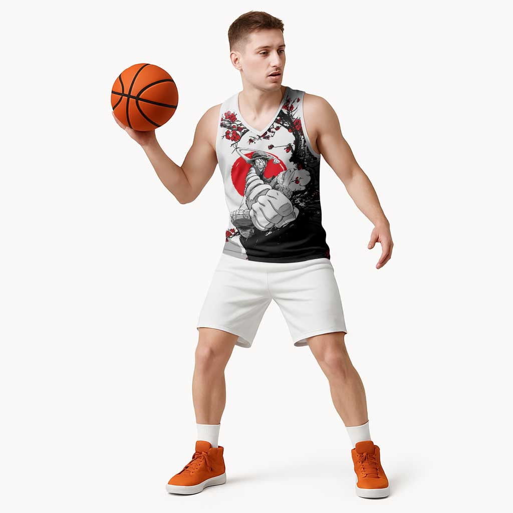 Luffy Gear 3 One Piece Anime White and Red Japanese Art Style Basketball Jersey with Cherry Blossom Tree and Straw Hat Pirates Jolly Roger - The Mazicc