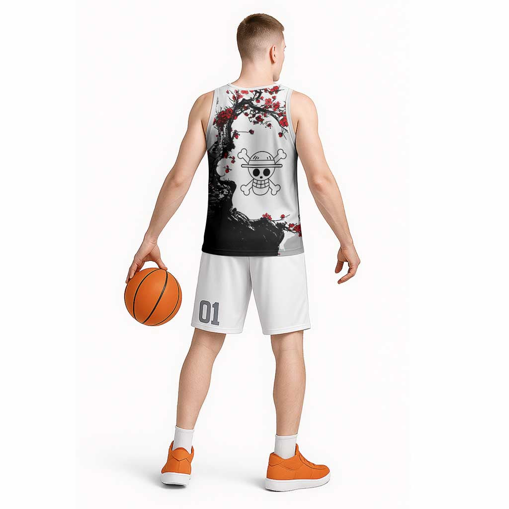 Luffy Gear 3 One Piece Anime White and Red Japanese Art Style Basketball Jersey with Cherry Blossom Tree and Straw Hat Pirates Jolly Roger - The Mazicc
