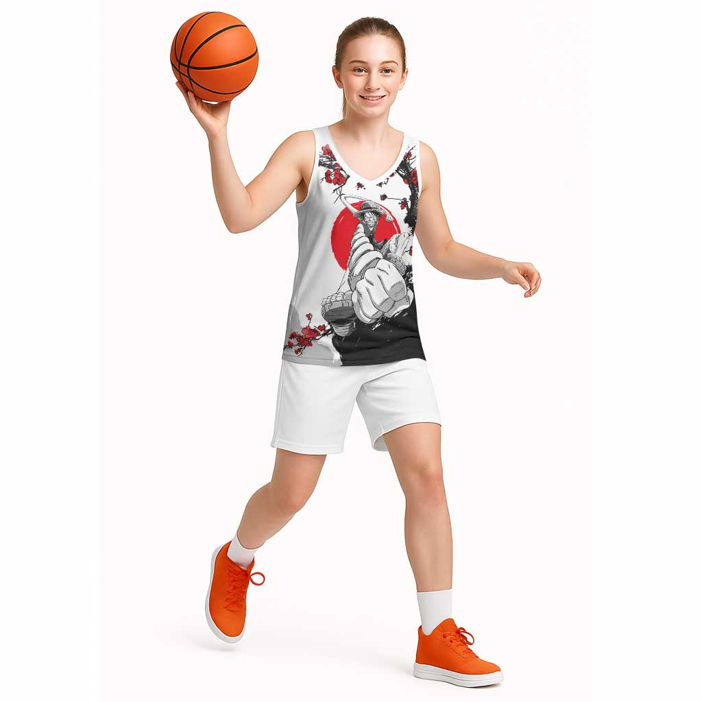 Luffy Gear 3 One Piece Anime White and Red Japanese Art Style Basketball Jersey with Cherry Blossom Tree and Straw Hat Pirates Jolly Roger - The Mazicc