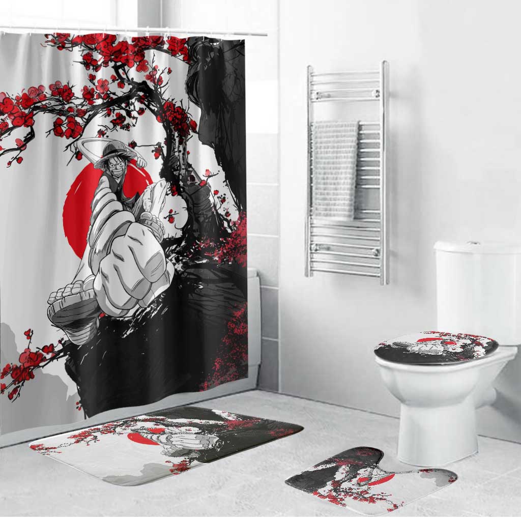 Luffy Gear 3 One Piece Anime White and Red Japanese Art Style Bathroom Set with Cherry Blossom Tree and Straw Hat Pirates Jolly Roger - The Mazicc