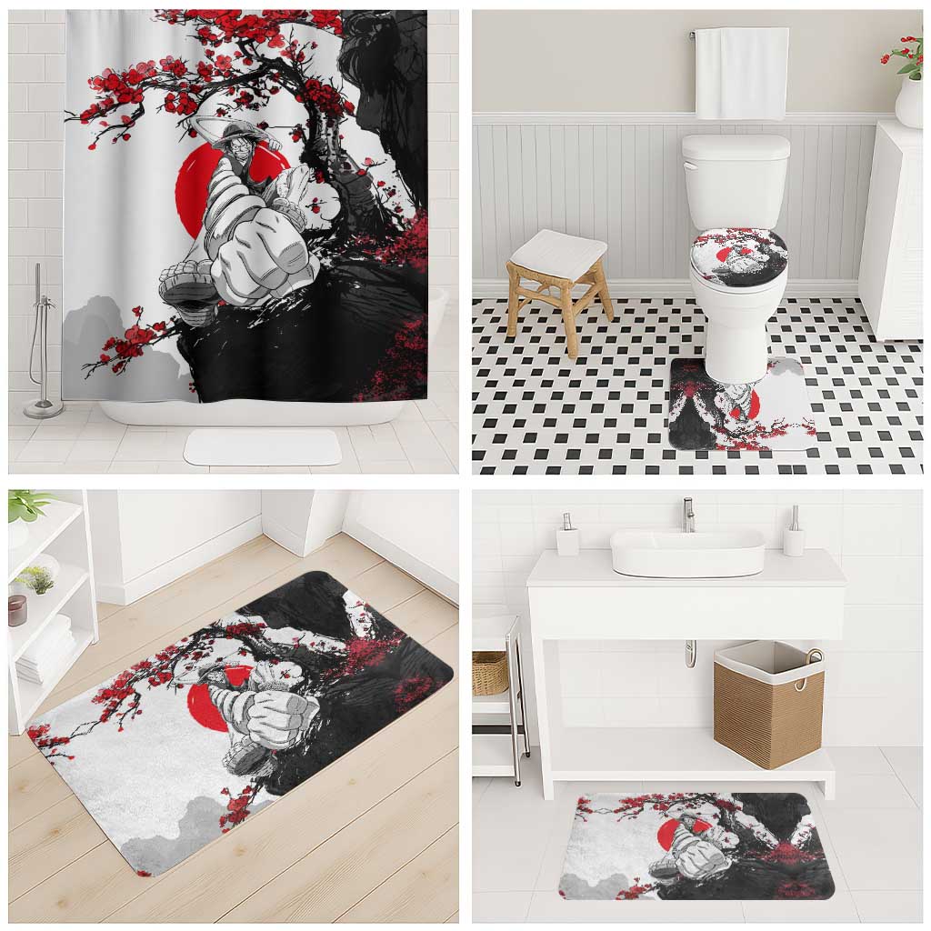 Luffy Gear 3 One Piece Anime White and Red Japanese Art Style Bathroom Set with Cherry Blossom Tree and Straw Hat Pirates Jolly Roger - The Mazicc