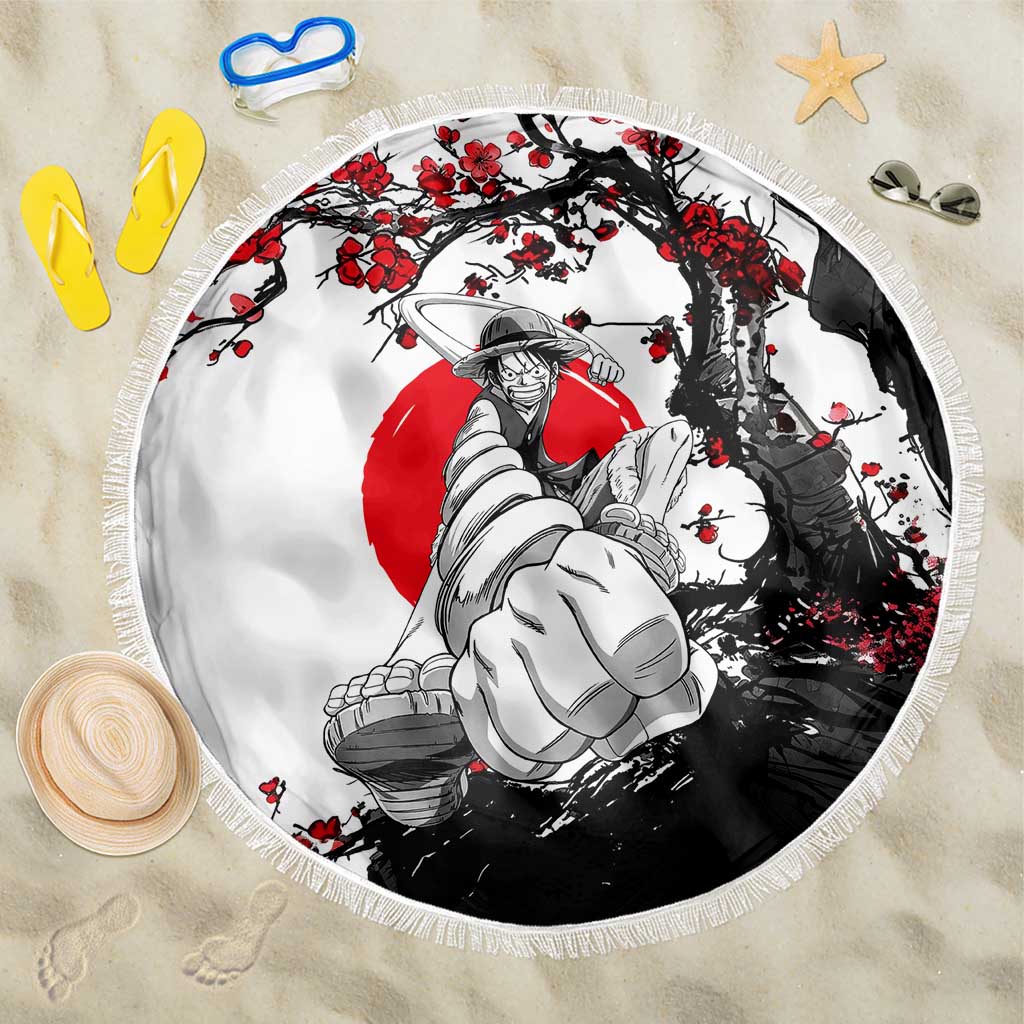 Luffy Gear 3 One Piece Anime White and Red Japanese Art Style Beach Blanket with Cherry Blossom Tree and Straw Hat Pirates Jolly Roger - The Mazicc