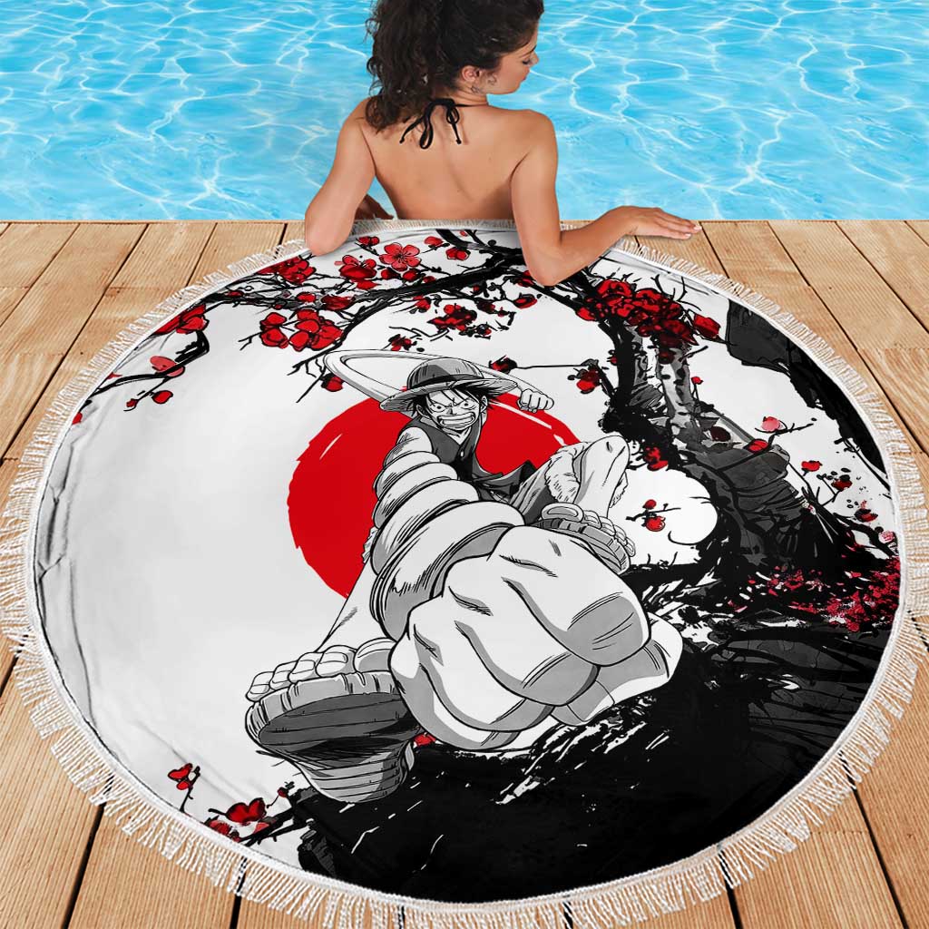 Luffy Gear 3 One Piece Anime White and Red Japanese Art Style Beach Blanket with Cherry Blossom Tree and Straw Hat Pirates Jolly Roger - The Mazicc