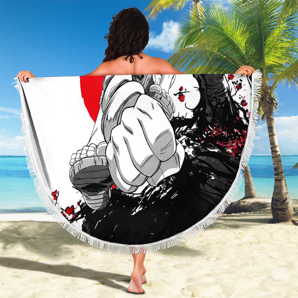 Luffy Gear 3 One Piece Anime White and Red Japanese Art Style Beach Blanket with Cherry Blossom Tree and Straw Hat Pirates Jolly Roger - The Mazicc