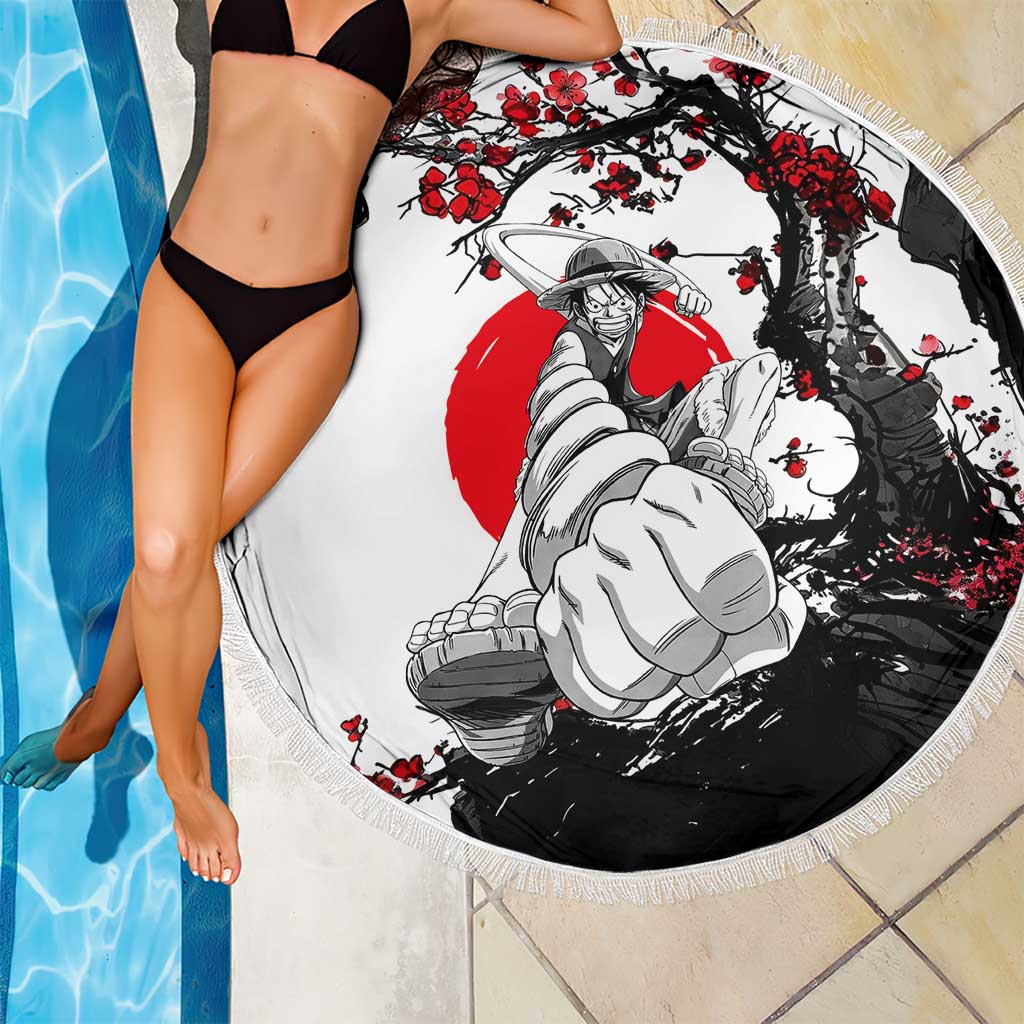 Luffy Gear 3 One Piece Anime White and Red Japanese Art Style Beach Blanket with Cherry Blossom Tree and Straw Hat Pirates Jolly Roger - The Mazicc