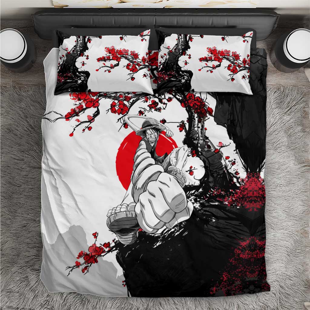 Luffy Gear 3 One Piece Anime White and Red Japanese Art Style Bedding Set with Cherry Blossom Tree and Straw Hat Pirates Jolly Roger - The Mazicc