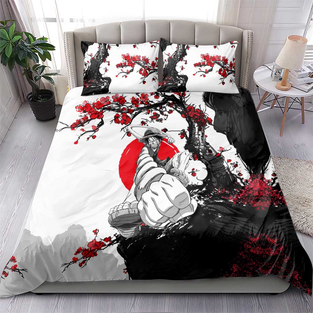 Luffy Gear 3 One Piece Anime White and Red Japanese Art Style Bedding Set with Cherry Blossom Tree and Straw Hat Pirates Jolly Roger - The Mazicc