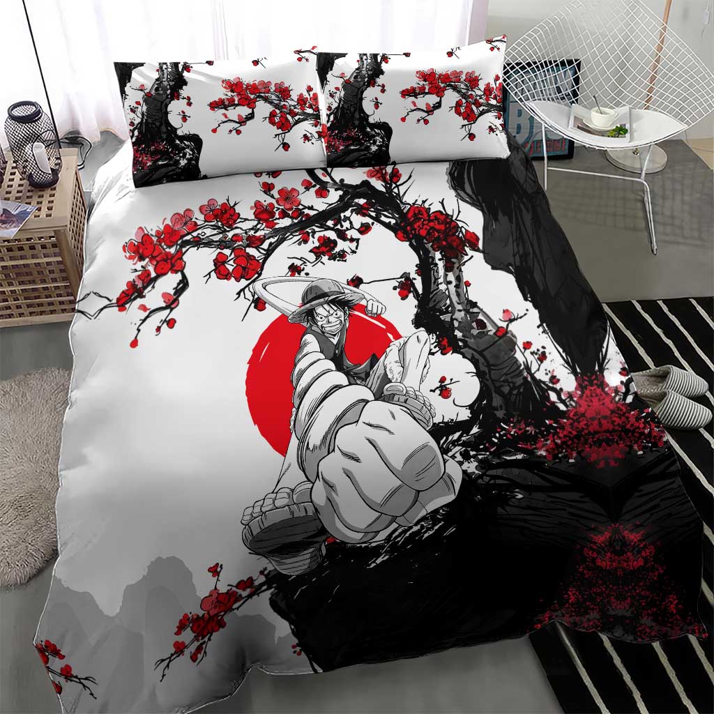Luffy Gear 3 One Piece Anime White and Red Japanese Art Style Bedding Set with Cherry Blossom Tree and Straw Hat Pirates Jolly Roger - The Mazicc