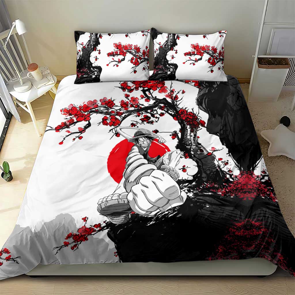 Luffy Gear 3 One Piece Anime White and Red Japanese Art Style Bedding Set with Cherry Blossom Tree and Straw Hat Pirates Jolly Roger - The Mazicc
