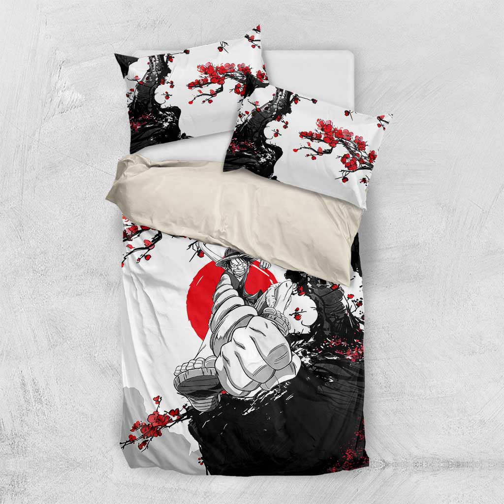 Luffy Gear 3 One Piece Anime White and Red Japanese Art Style Bedding Set with Cherry Blossom Tree and Straw Hat Pirates Jolly Roger - The Mazicc