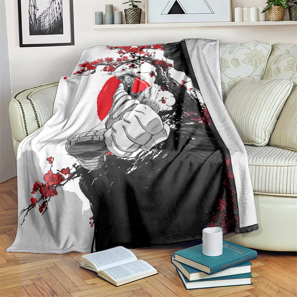 Luffy Gear 3 One Piece Anime White and Red Japanese Art Style Blanket with Cherry Blossom Tree and Straw Hat Pirates Jolly Roger - The Mazicc