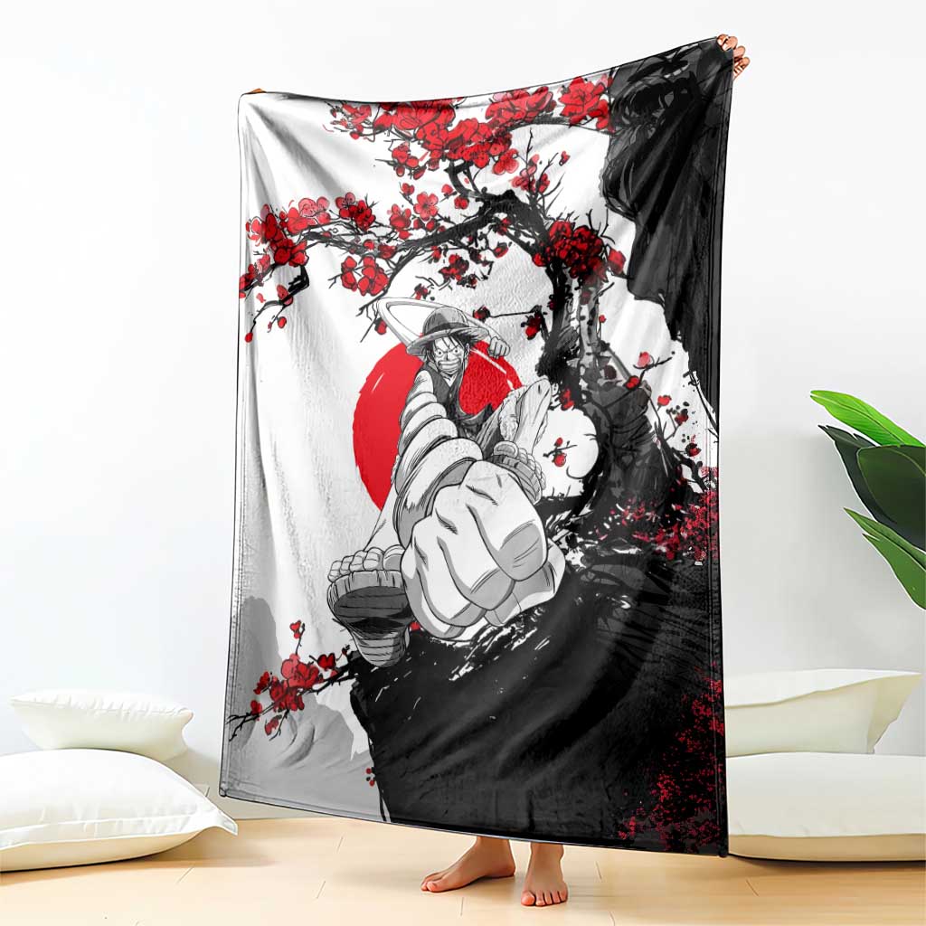 Luffy Gear 3 One Piece Anime White and Red Japanese Art Style Blanket with Cherry Blossom Tree and Straw Hat Pirates Jolly Roger - The Mazicc
