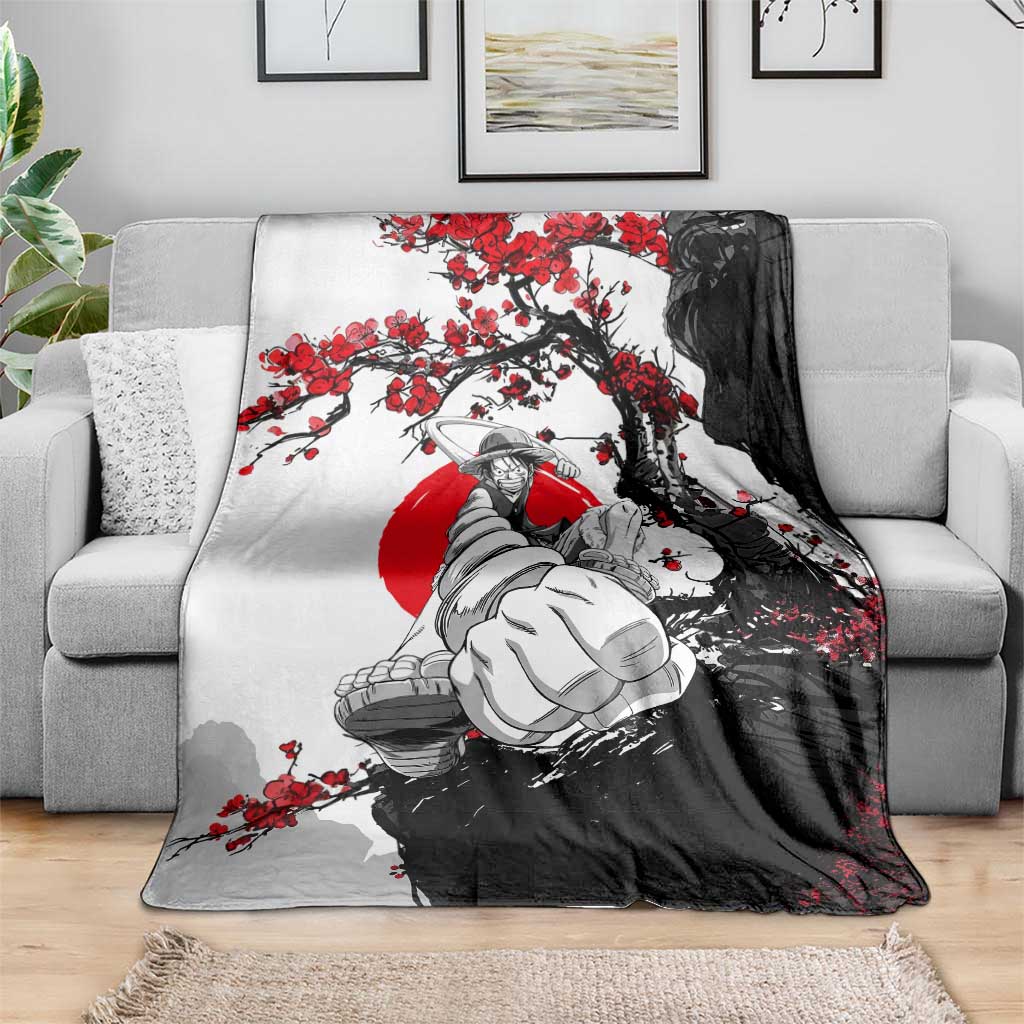 Luffy Gear 3 One Piece Anime White and Red Japanese Art Style Blanket with Cherry Blossom Tree and Straw Hat Pirates Jolly Roger - The Mazicc