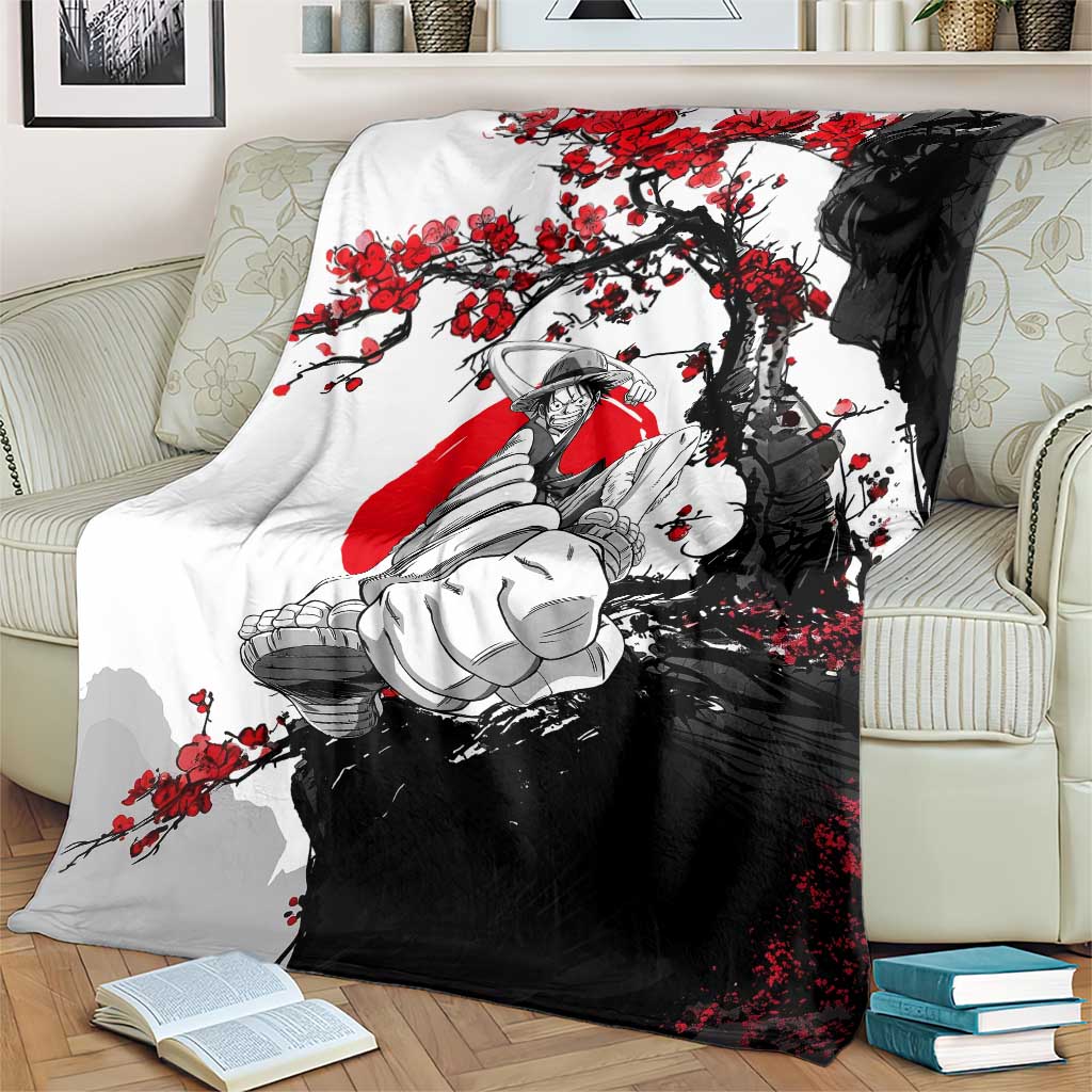 Luffy Gear 3 One Piece Anime White and Red Japanese Art Style Blanket with Cherry Blossom Tree and Straw Hat Pirates Jolly Roger - The Mazicc