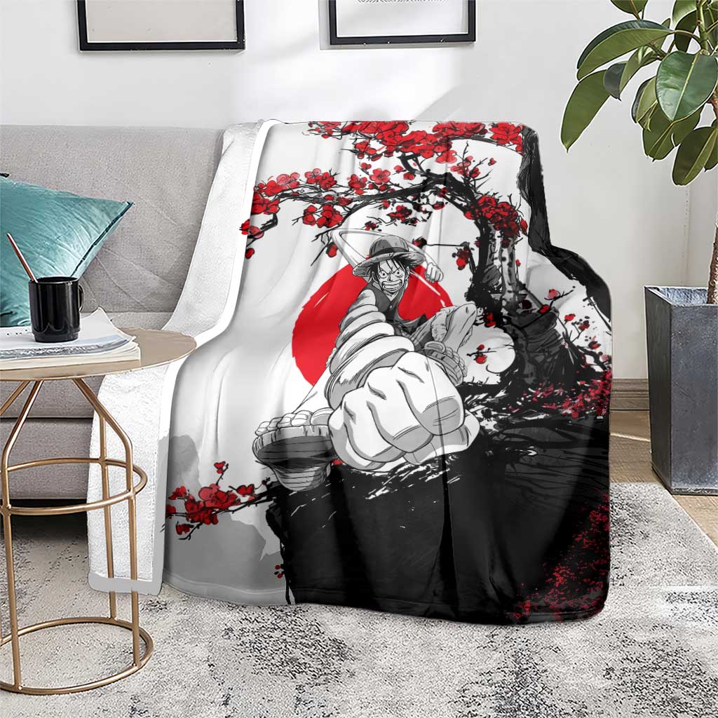 Luffy Gear 3 One Piece Anime White and Red Japanese Art Style Blanket with Cherry Blossom Tree and Straw Hat Pirates Jolly Roger - The Mazicc